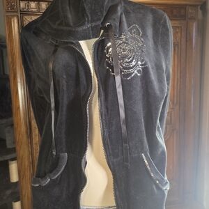 Y2K Black Velour Sequin Rose Zip Hoodie XL